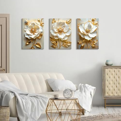 WENGTIAO Modern White Floral Golden Leaves Canvas Wall Art Set 20x28 x3Pcs - color: Flower-golden leaf, size: 20"x28"x3Pcs