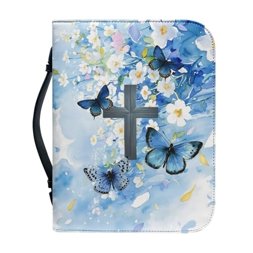 Butterfly Daisy Cross Leather Bible Cover for Men with Handle - color: Blue Butterfly Daisy Cross, size: 2XL