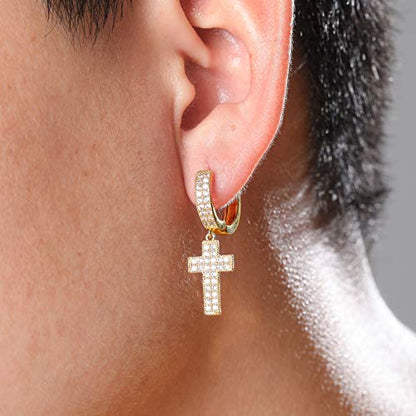 TOPGRILLZ Cross Hoop Dangle Earrings 925 Sterling Silver 5A+ Cubic Zirconia 14K Gold Hypoallergenic Cross Hoop Cuff Huggie Drop Earrings For Men Women - color: Cross 2 Gold