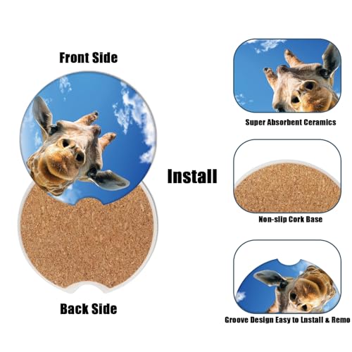 Cup Holders Car Coasters - Cute Giraffe Absorbent Ceramic Coaster, Drink Cup Holder Coasters, Auto Accessories for Women & Men, Pack of 2 - color: Giraffe
