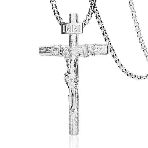 Crucifix Cross Necklace for Men and Women with Exquisite Jesus Pendant and Stainless Steel Chain 16-30 Inch - color: White Gold, size: 22 Inch=56CM(Men's Average Length), style: Medium Pendant-1.8"x1.1"