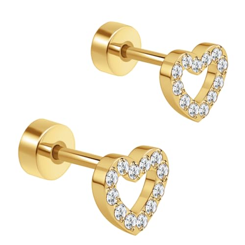 XUU 20G Flat Back Stud Earrings ASTM F136 Titanium & Sparkling CZ - color: gold heart