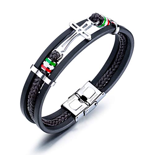 Stainless Steel Black Leather Cross Cuff Bracelet for Men Women