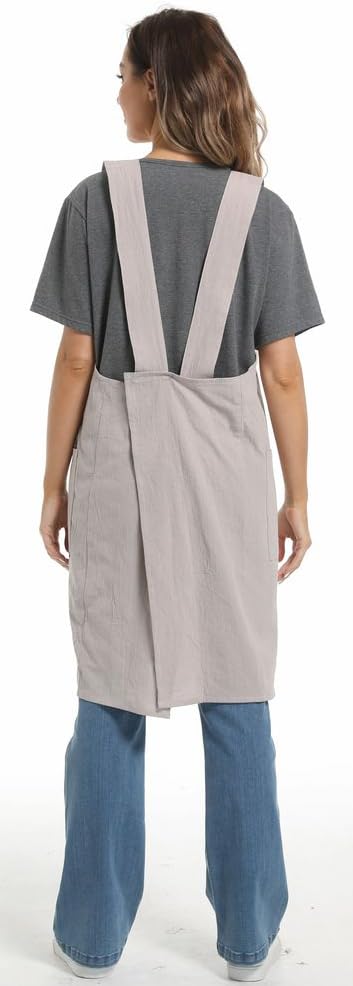 Linen Cotton Aprons for Women Smock Cross-Back Apron with Pockets - color: 07-dark Blue, size: XX-Large