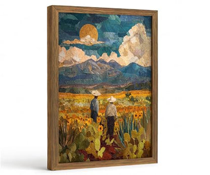 Framed Southwestern Cowboy Impasto Mountain Landscape Wall Art, 12x16 Inch - color: Multicolor - Teal, Gold, Green, Brown, Blue, Yellow, White, size: 12"L x 16"W