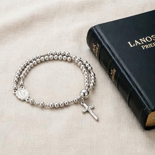 Cross Rosary Bracelet for Women Handcrafted Crystal Virgin Mary Cross Beaded Bracelets Christian Faith Link Bracelets Crucifix Religious Christian Faith Jewelry - color: Silver