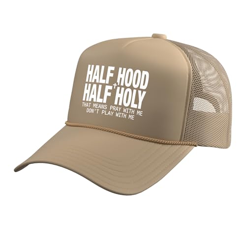Half Hood Half Holy Tshirt Christian Jesus Ghetto God Funny Trucker Hat with Adjustable Mesh Back - color: Khaki
