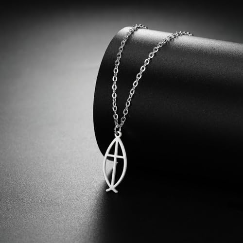 Ichthus Necklace for Women Christian Jesus Fish Necklace Christ Fish Cross Ichthys Pendant Necklace Ichthus Fish Religious Symbol Pendant Christian Jewelry Gift - color: Ichthys cross silver