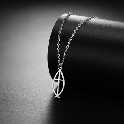 Ichthus Necklace for Women Christian Jesus Fish Necklace Christ Fish Cross Ichthys Pendant Necklace Ichthus Fish Religious Symbol Pendant Christian Jewelry Gift - color: Ichthys cross silver