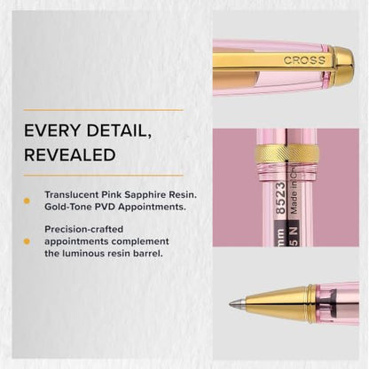 Cross Lume Translucent Translucent Pink Sapphire Resin Rollerball Pen - Gold-Tone PVD Appointments - Black Medium Gel Rollerball - 0.40mm Line Width - Lifetime Mechanical Warranty - color: Pink