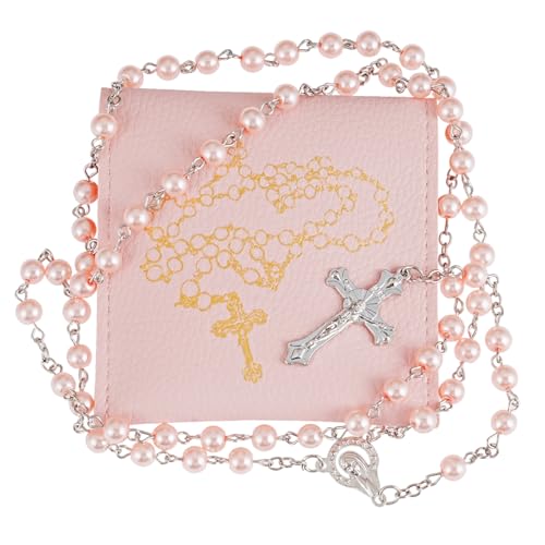 Rosary Beads Catholic, Rosary Necklace with Leather Pouch with Magnetic Top Bag for Men and Women Christian Gifts - color: Pink B