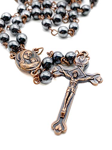 Nazareth Store Hematite Rosary Beads Black Stone Catholic Rosary Necklace with Jerusalem Holy Soil & Cross Antique Religious Rosaries Beads Collection - color: Bronze Color Chain