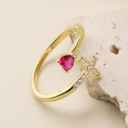 14K Gold Plated CZ Cross Heart Ring Eternity Promise Jewelry for Her - style: Rose Red Stone