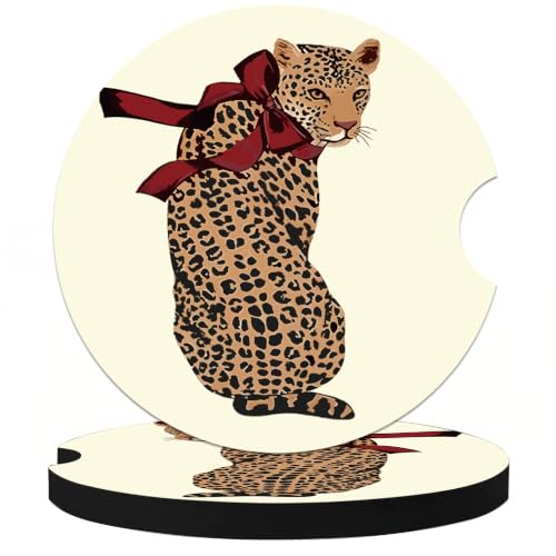 Red Bow Leopard Car Coasters for Cup Holders, Auto Drink Coaster for Women - color: Leopard Red Bow