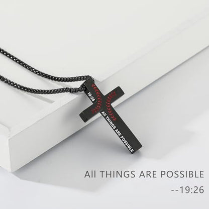 Baseball Bible Verse Cross Necklace for Boys Men, Stainless Steel Cross Pendant Baseball Game Day Christian Religious Jewelry Gifts for Teen Boys Kids - color: Black, style: PHILIPPIANS 19:26
