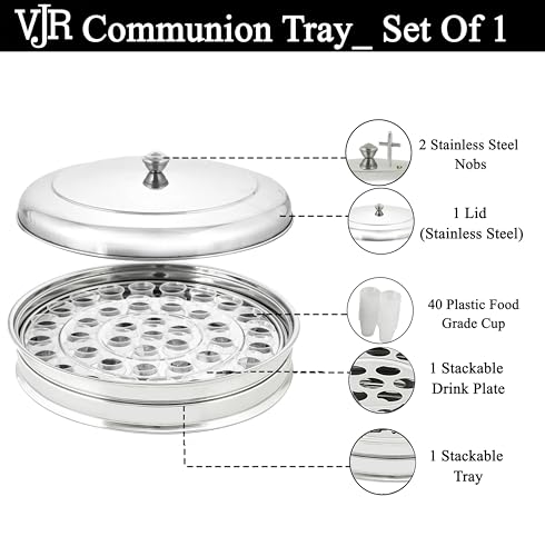 Church Communion Bundle, 40-Cup Silver Stainless Steel Communion Tray with Lid and 33 Oz Push-Button Cup Filler Dispenser, Reusable Serving Set for Church Wine or Juice