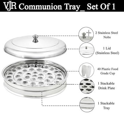 Church Communion Bundle, 40-Cup Silver Stainless Steel Communion Tray with Lid and 33 Oz Push-Button Cup Filler Dispenser, Reusable Serving Set for Church Wine or Juice