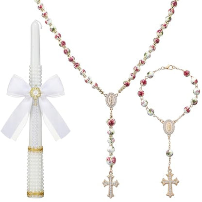 WILLBOND 3 Pcs First Communion Rosary and Candle Present Set, Rose Rosary