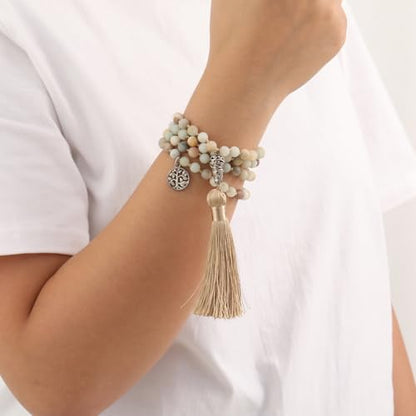 INBLUE 108 Mala Prayer Beads Wrap Necklace with Long Tassel Boho Necklace for Women Amazonite Bead Bracelet with Spiritual Tree of Life Pendant 108 Beads Necklace for Meditation - color: Natural Amazonite