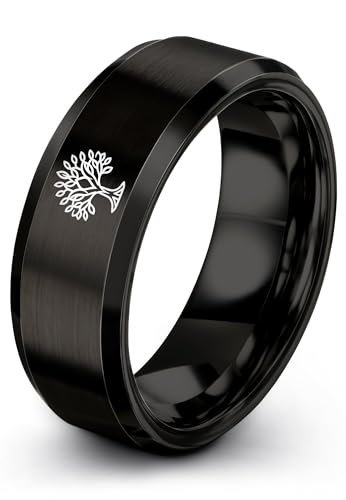 Gift for Spiritual Person - Tree Of Life Ring - Anniversary Wedding - Silver Yellow Rose Gold Gunmetal - Flat Dome Bevel - Personalized Custom Engraving - Band - Brushed Polished - 8mm - Men Women - T - color: 12 - Black Tungsten