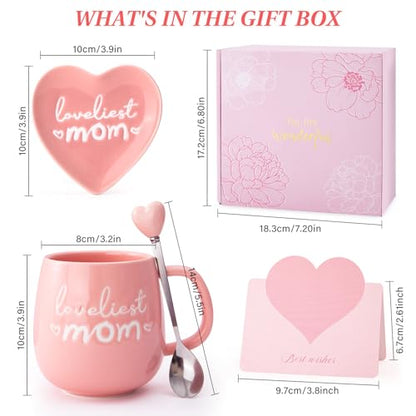 Birthday Gift for Mom from Daughter 14oz Coffee Mug Heart Trinket Dish - color: Pink