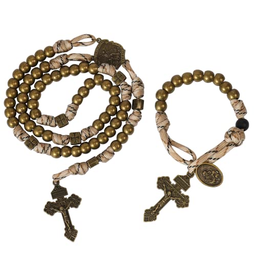 Nazareth Store Paracord Rosaries Set Alloy Beads Rugged Rosary Necklace and One Decade Rosary Strong and Heavy Corded with St.Michael, St. Joseph Pray for Us Medal with Pardon Crucifix - color: Antique Bronze St. Michael Paracord Rosary Set with One Decad