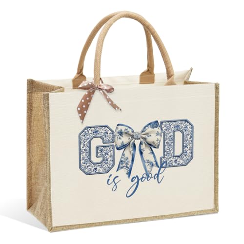 KongMoTree Christian Tote Bags, Coquette Bow Bag with Floral Christians Gifts for Mom, Wife, Sisters, Best Friends - color: God is Good Blue