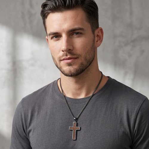 Cross Necklace for Men 925 Sterling Silver & Wood Cross Pendant with Stainless Steel Chain Cross Necklace for Men Women Christian Jewelry Gift - color: Cross-3