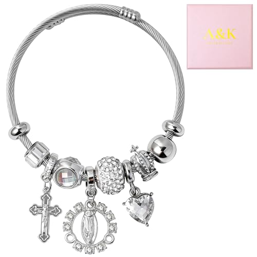 A&K Collections Mothers Day 18K Gold Beads Easter Basket Stuffers Bangle with Rhinestones Pandora Style Trendy Cross Heart Charm Luxury Adjustable Bracelet for Women Teen Girl Gifts Trendy Stuff Religious Jewelry - color: SILVER