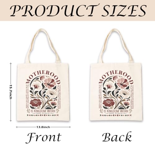 Motherhood Is Kingdom Work Christian Tote Bag, Proverbs 31:25-27 Bible Verse Floral Canvas Bag, Inspirational Mom Gift Totes, Reusable Shopping Book Bags for Women