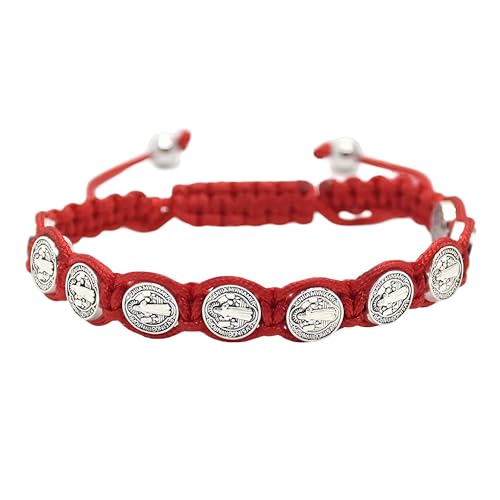 925 Sterling Silver San Benito Bracelet For Women And Men, Catholic Multicolor Bracelet St. Benedict Medal Hand Knitted Knot Coin Beaded Adjustable Religious Prayer Faith - color: Red - San Benito Bracelet