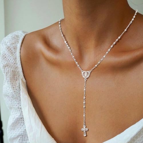 Women's Gold Virgin Mary Necklace, 14k Gold Plated Rosary Bead Cross Chain - style: Silver-Style 2