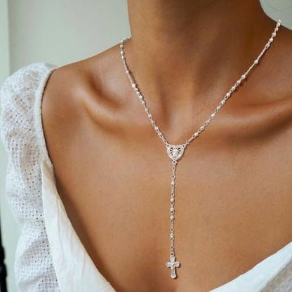 Women's Gold Virgin Mary Necklace, 14k Gold Plated Rosary Bead Cross Chain - style: Silver-Style 2