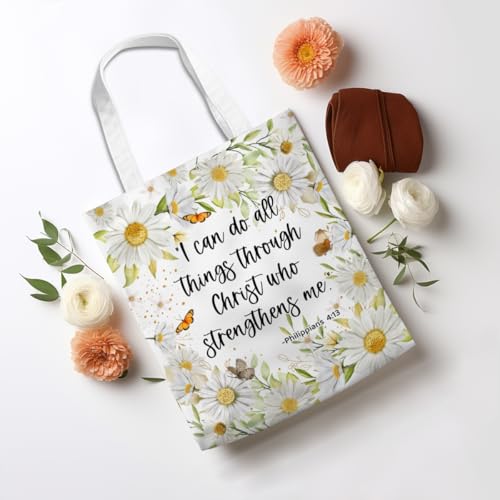 Positive Religious Christian Gifts Canvas Tote Bag for Women Christmas Birthday Cute Beach Reusable Grocery Bags - color: Philippians 4 13 Daisy