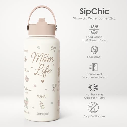 SANDJEST Gift for Mom, Mom Life Water Bottle Stainless Steel 32oz with Lid & Straw, Insulated Bottles Gifts for Mother Friends Women Mother's Day - color: Mom 3