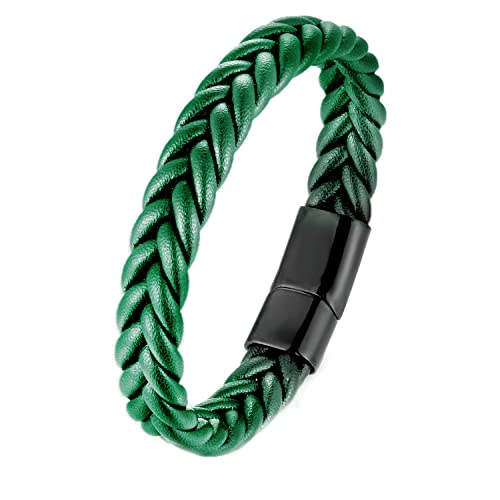 Handmade Braided Leather Bracelet, Black Stainless Steel Clasp, Mens, Cool Classic Stylish - color: Green