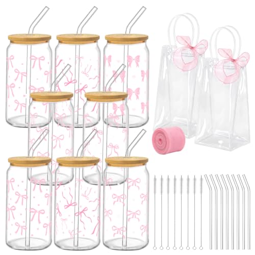 Iced Coffee Mugs, 8 Sets, Glass, 16 oz, Reusable, Pink Bow - color: Pink Bow