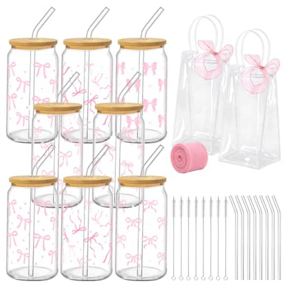 Iced Coffee Mugs, 8 Sets, Glass, 16 oz, Reusable, Pink Bow - color: Pink Bow