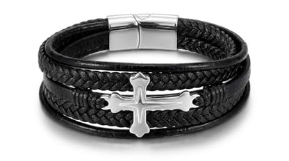 Stainless Steel Braided Leather Bracelet for Men Cuff Bangle Cross - color: Black&Sliver-Style A