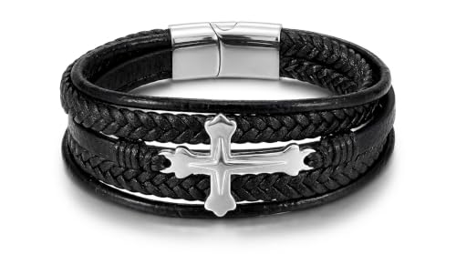 Stainless Steel Braided Leather Bracelet for Men Cuff Bangle Cross - color: Black&Sliver-Style A