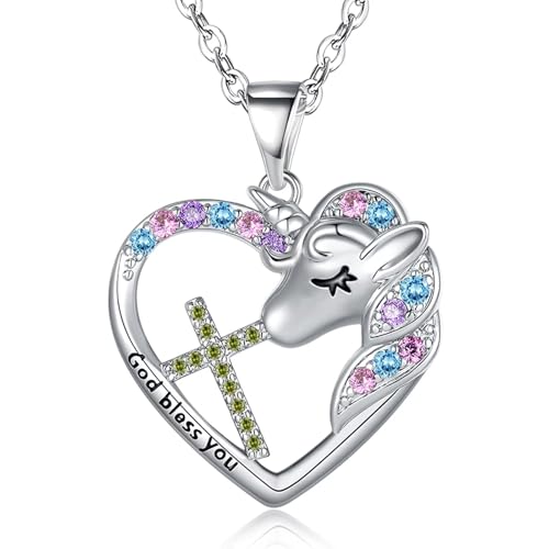 Easter Confirmation First Communion Baptism Gifts for Girls,Cross Birthstone Unicorn Necklaces for Daughter Granddaughter Niece Sister Christian Religious Gifts 16+3 Inches - color: 08.August