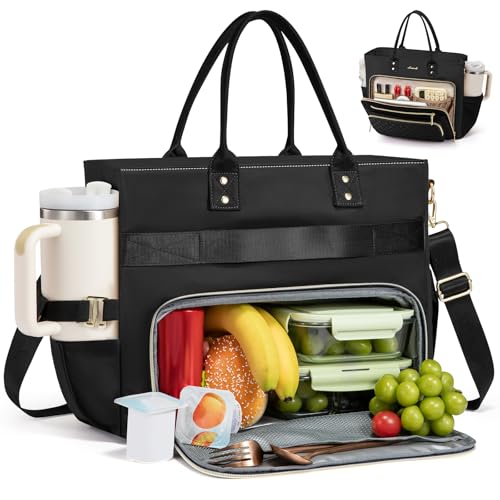 LOVEVOOK Lunch Bag, Tote Bag for Women with Insulated Lunch Compartment, Large Capacity Work Tote fit 17.3 Inch Laptop, Teacher Nurse Bag for Work, Crossbody Bags for Women with Cup Holder, Black - color: Black, size: 17.3 inch with Lunch Compartment