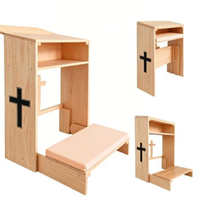 Wooden Prayer Kneeler with Storage Shelf & Cushion - Folding Prayer Bench for Home and Church, Comfortable Kneeling Devotional Pew Bench, 32" H x 22" W