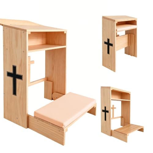 Wooden Prayer Kneeler with Storage Shelf & Cushion - Folding Prayer Bench for Home and Church, Comfortable Kneeling Devotional Pew Bench, 32" H x 22" W