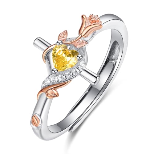 Birthday Gifts Birthstone Rings for Women 925 Sterling Silver Birthstone Rings Anchor/Tree of Life/Snake/Rose Cross Faith Religous Jewelry Gift for Wife Mom Grandma - color: 11-Citrine (C), style: Rose Cross