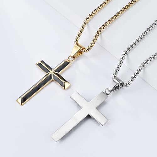 Cross Necklace for Men,Stainless Steel Christian Pendant Jewelry - color: A-Gold-60cm chain