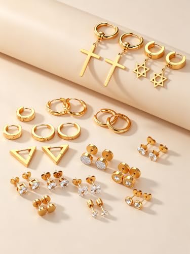 Oveta 16 Pairs 18G 16G Stainless Steel Mens Earrings, Earrings for Men with Studs Hoop Earring Cross Dangle Earrings Hypoallergenic Ear Piercing Jewelry for Men Women, Silver Gold Black - color: Gold