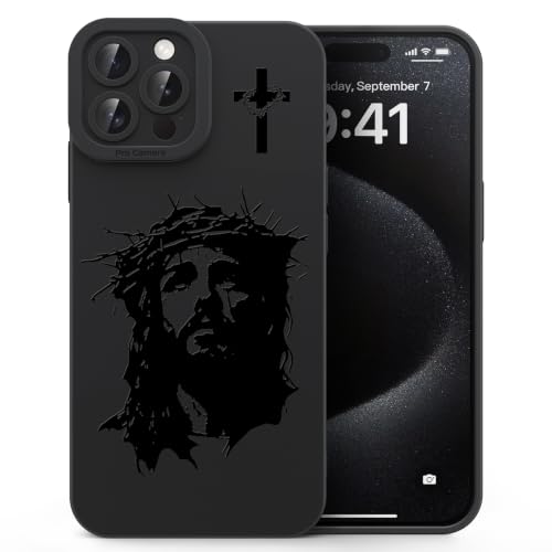 for iPhone 15 Pro Christian Phone Case, Crown Thorns Design - color: Black-Jesus Face, size: iPhone 15 Pro