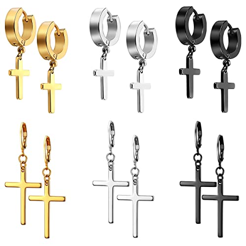 JELIEE 6 Pairs Cross Earrings - Stainless Steel Dangle Hinged Hoop Earrings for Men and Women - Silver, Gold, Black Stud Earrings - Religious Classic Style - 2022 Collection