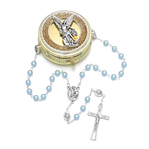 KOMI 6mm Glass Pearl Rosary Beads Catholic for Women with Metal Rosary Box Religious Gifts - style: St Michael-blue